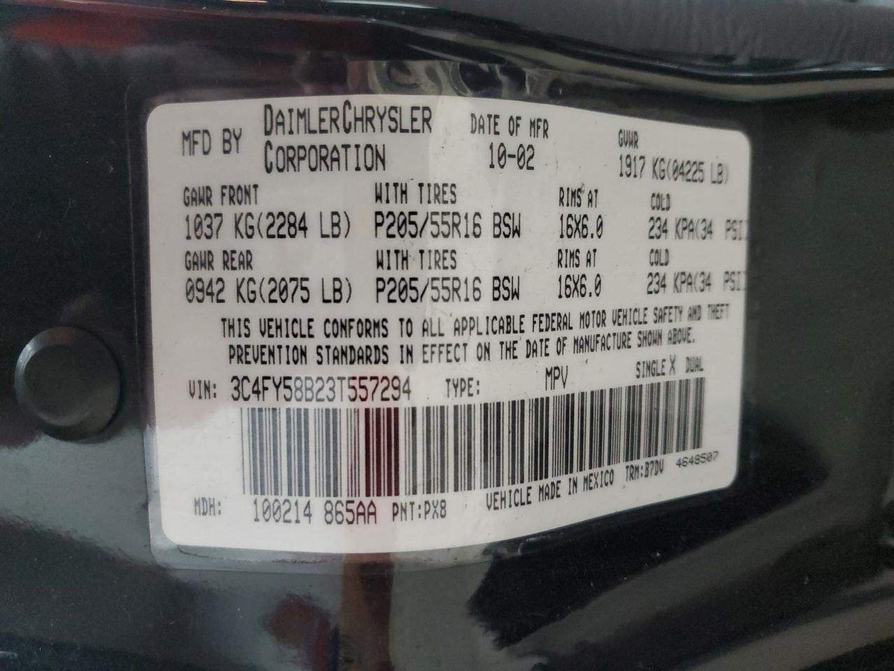 2003 Chrysler Pt Cruiser Touring VIN: 3C4FY58B23T557294 Lot: 89701765