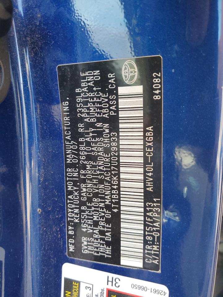 2007 Toyota Camry Hybrid VIN: 4T1BB46K17U029833 Lot: 84750225