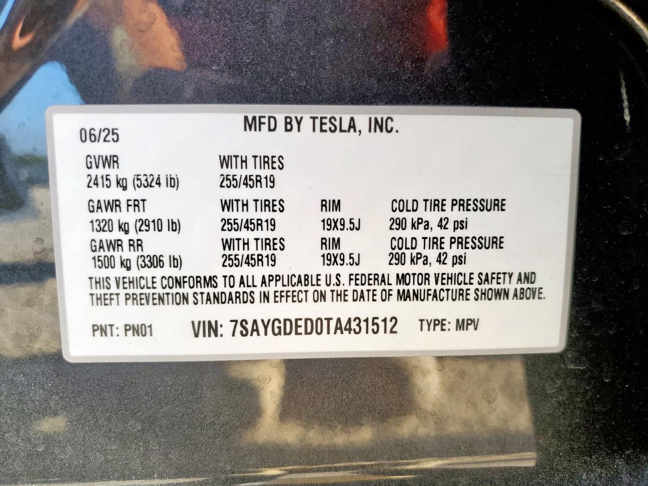 2026 Tesla Model Y VIN: 7SAYGDED0TA431512 Lot: 85927255