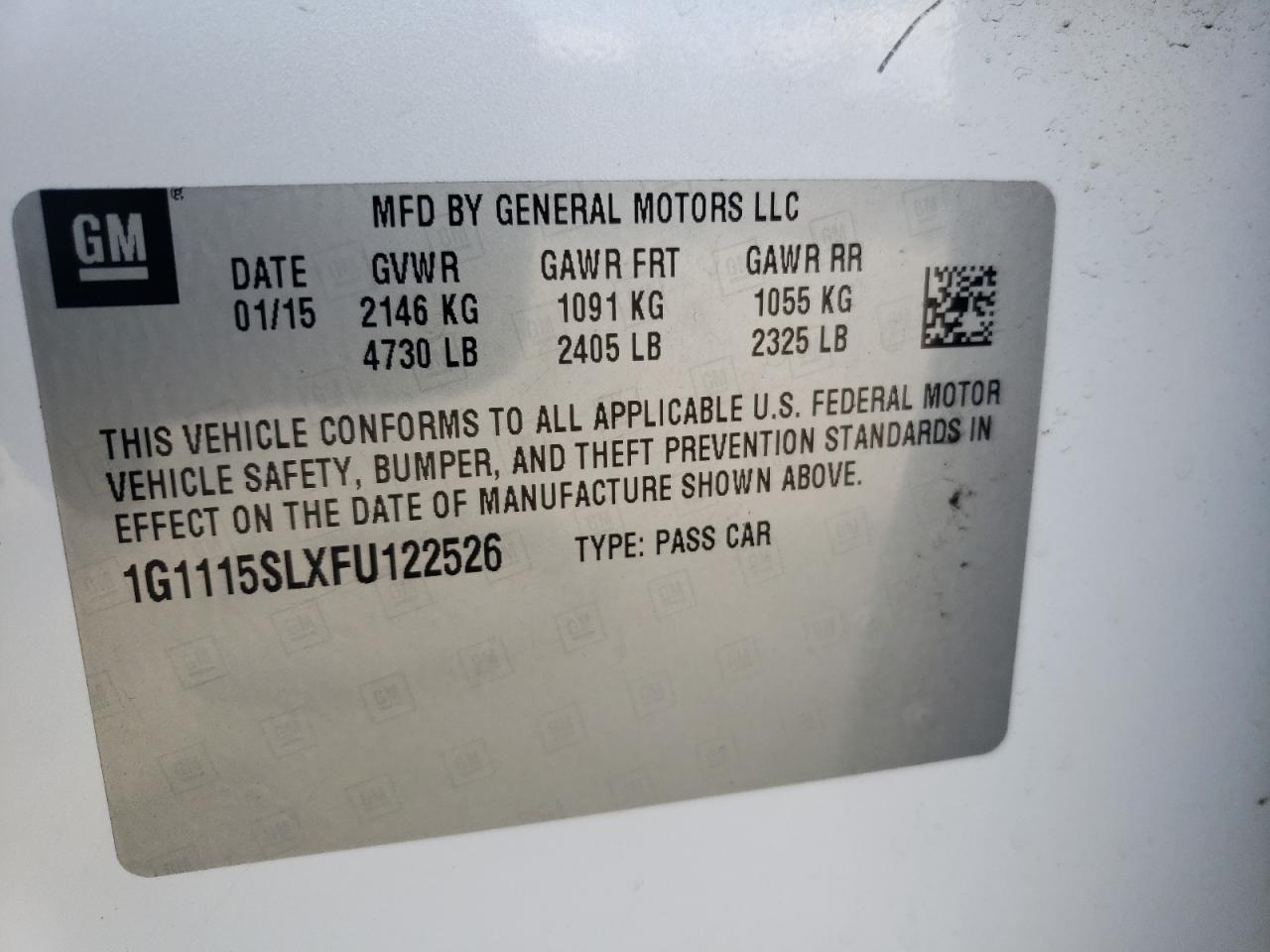 2015 Chevrolet Impala Lt VIN: 1G1115SLXFU122526 Lot: 85683765