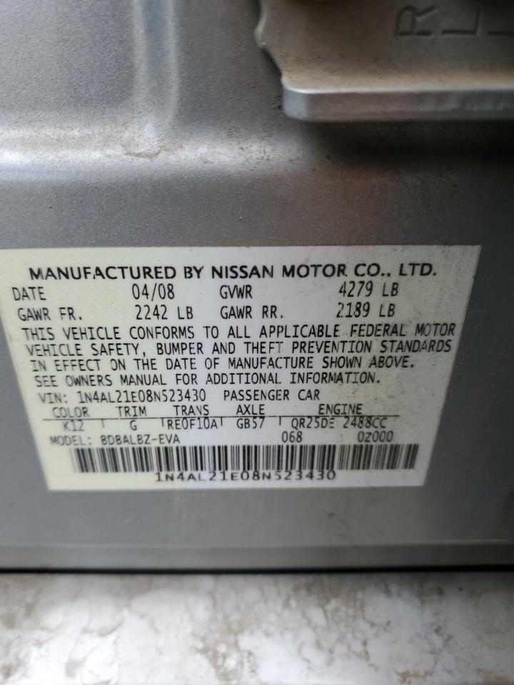 2008 Nissan Altima 2.5 VIN: 1N4AL21E08N523430 Lot: 86543695