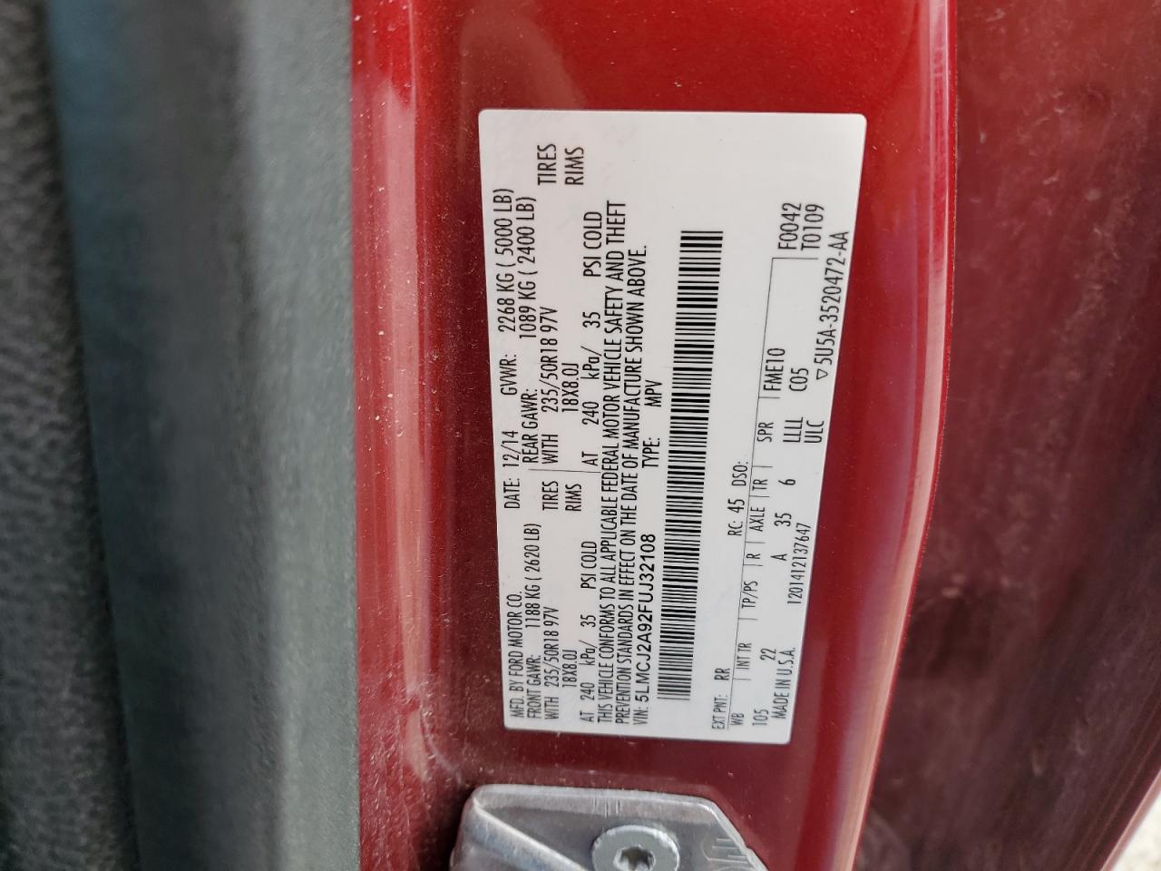 2015 Lincoln Mkc VIN: 5LMCJ2A92FUJ32108 Lot: 87294665