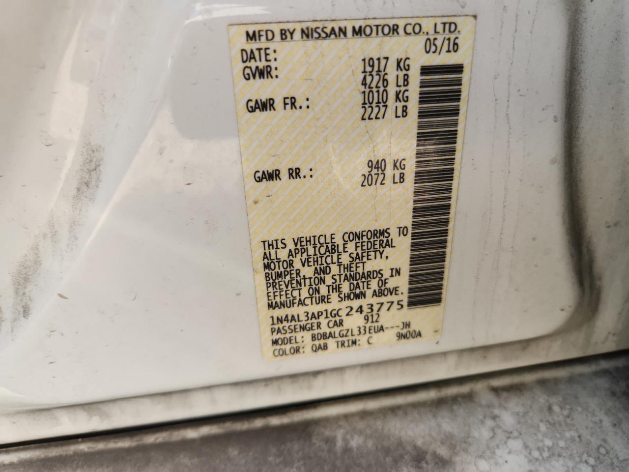 2016 Nissan Altima 2.5 VIN: 1N4AL3AP1GC243775 Lot: 85685605