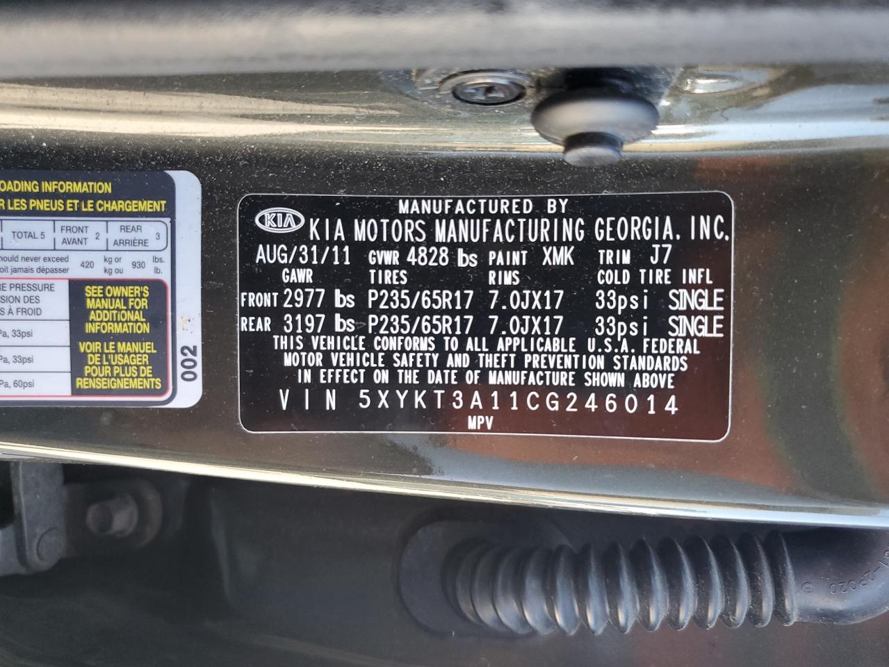 2012 Kia Sorento Base VIN: 5XYKT3A11CG246014 Lot: 81492465