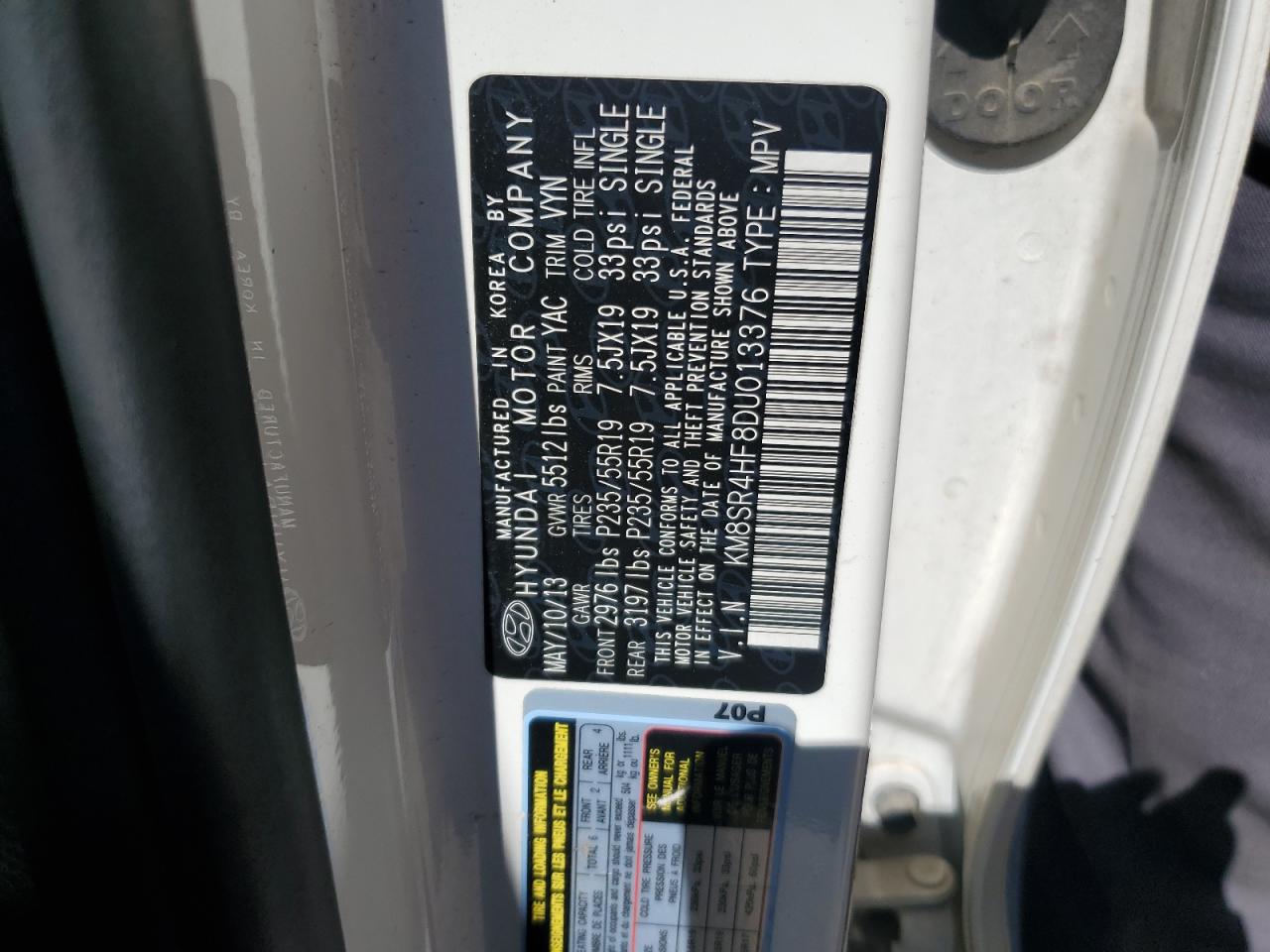 2013 Hyundai Santa Fe Limited VIN: KM8SR4HF8DU013376 Lot: 86083165