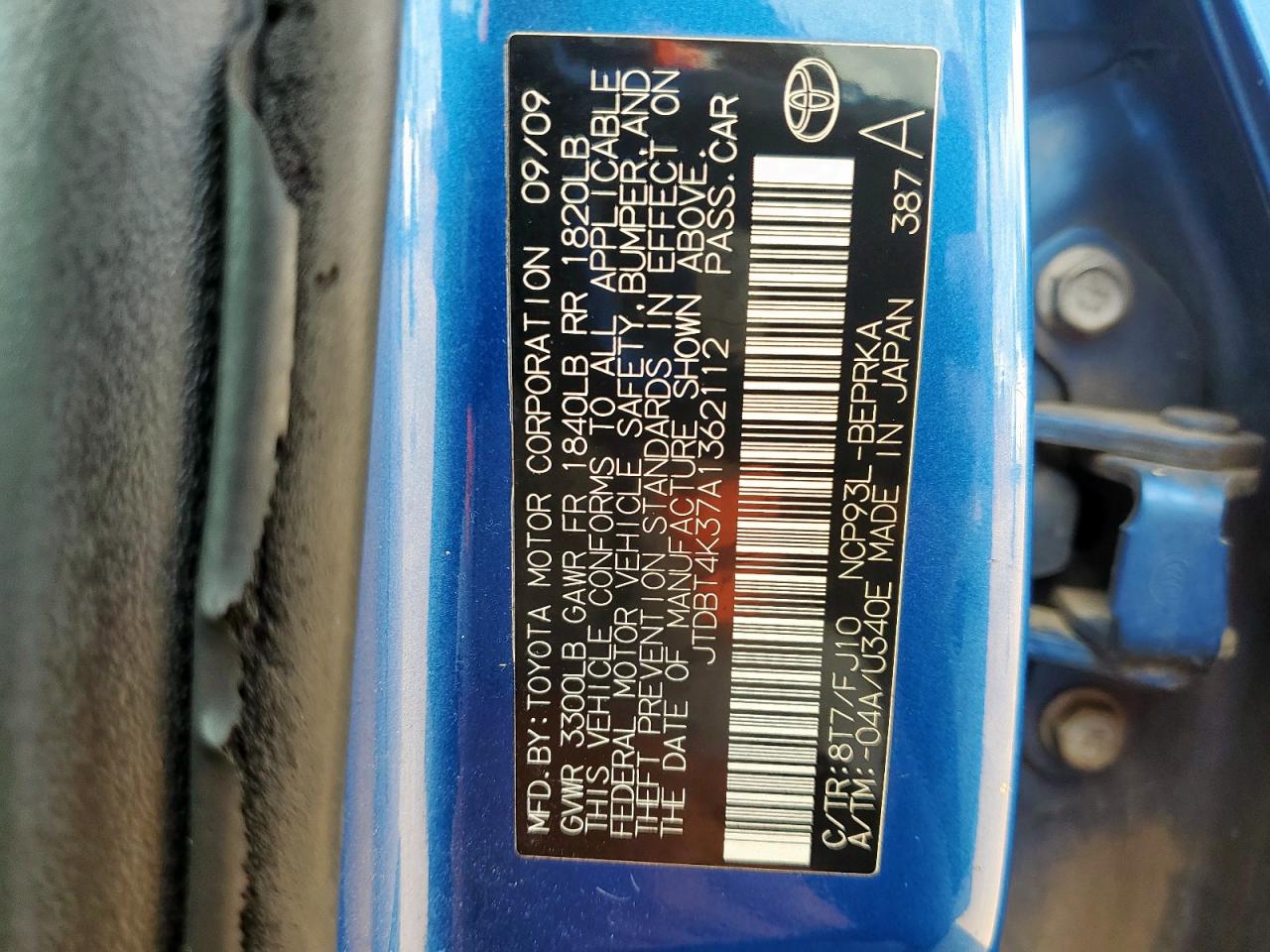 2010 Toyota Yaris VIN: JTDBT4K37A1362112 Lot: 82238175