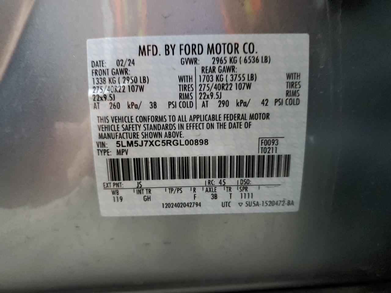 2024 Lincoln Aviator Reserve VIN: 5LM5J7XC5RGL00898 Lot: 82185085