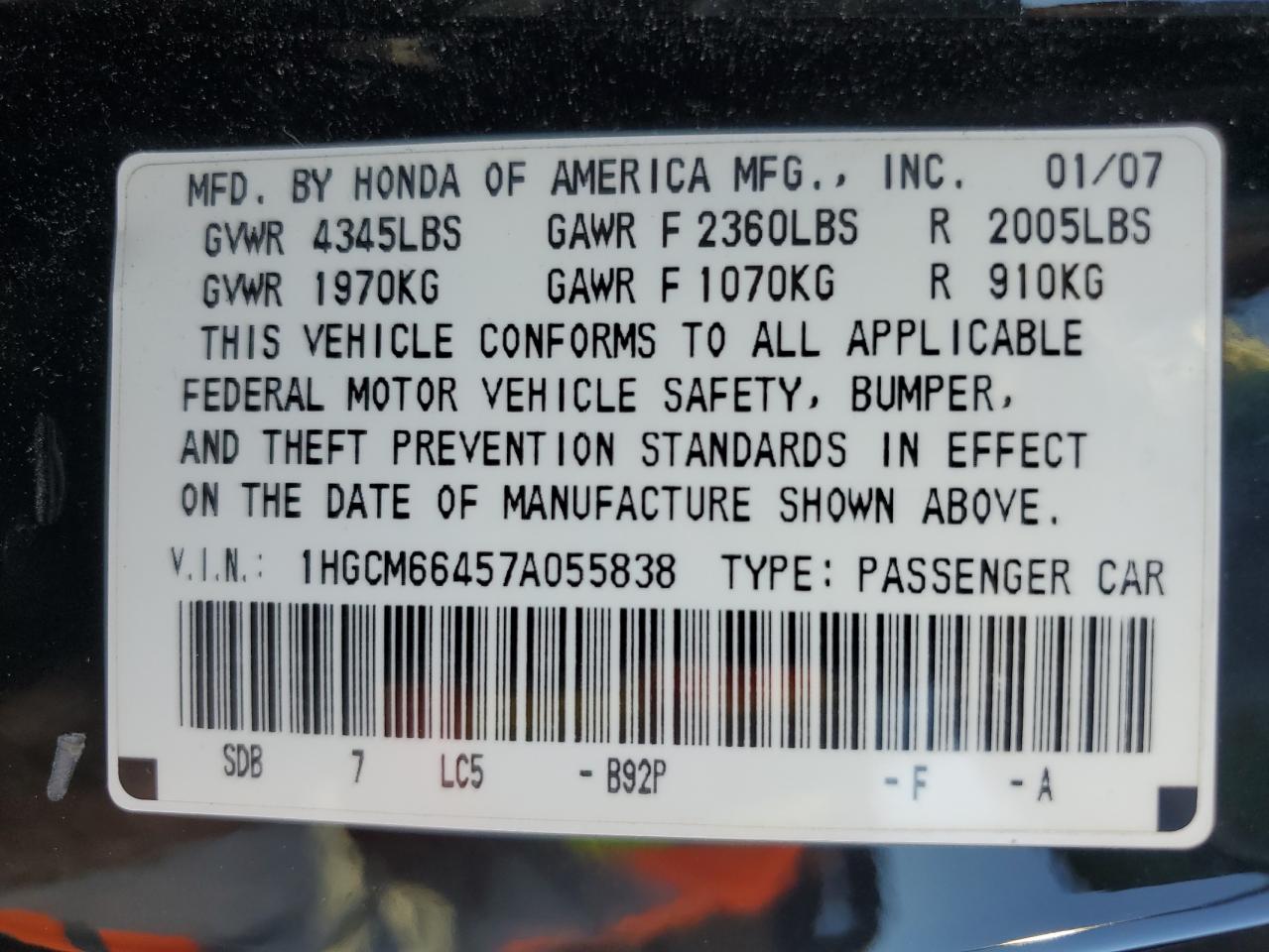 2007 Honda Accord Se VIN: 1HGCM66457A055838 Lot: 85740205