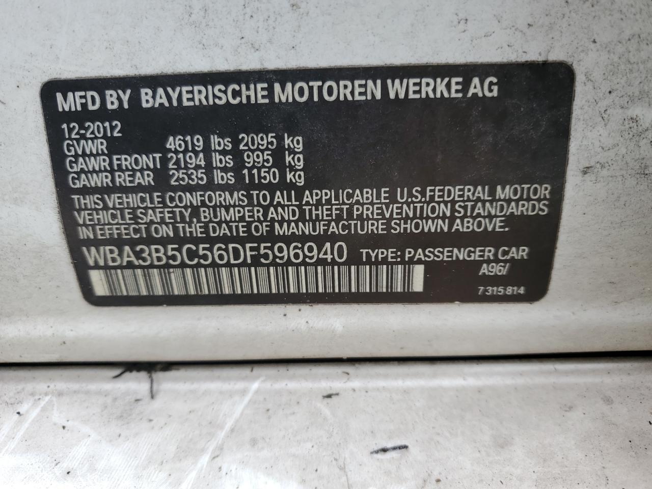 2013 BMW 328 Xi Sulev VIN: WBA3B5C56DF596940 Lot: 86667275
