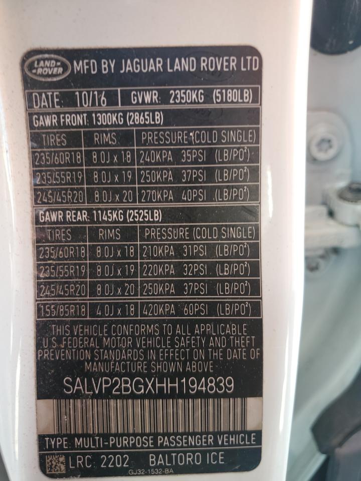 2017 Land Rover Range Rover Evoque Se VIN: SALVP2BGXHH194839 Lot: 82677745