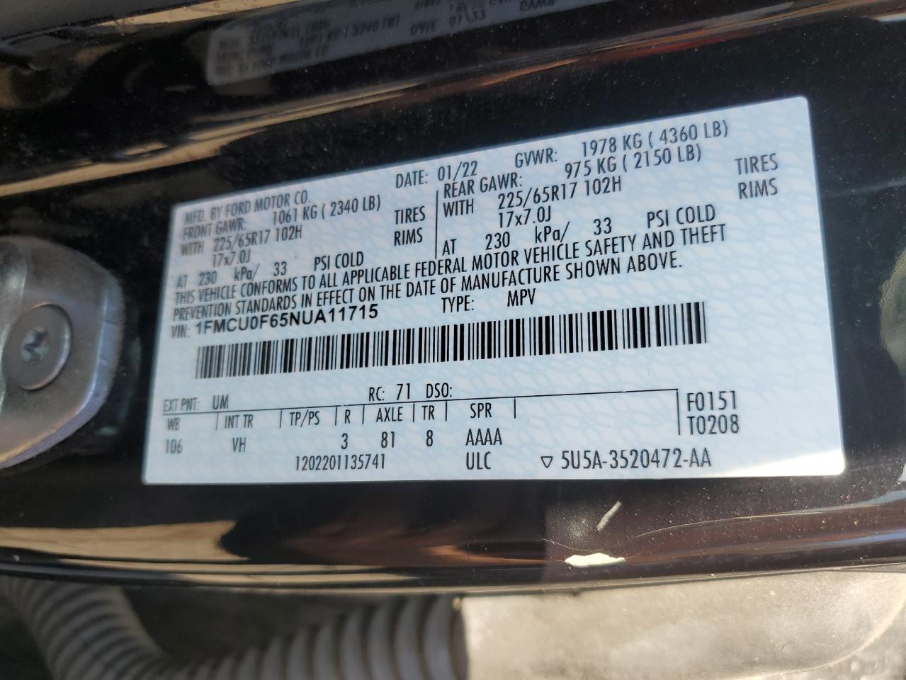 2022 Ford Escape S VIN: 1FMCU0F65NUA11715 Lot: 86615465