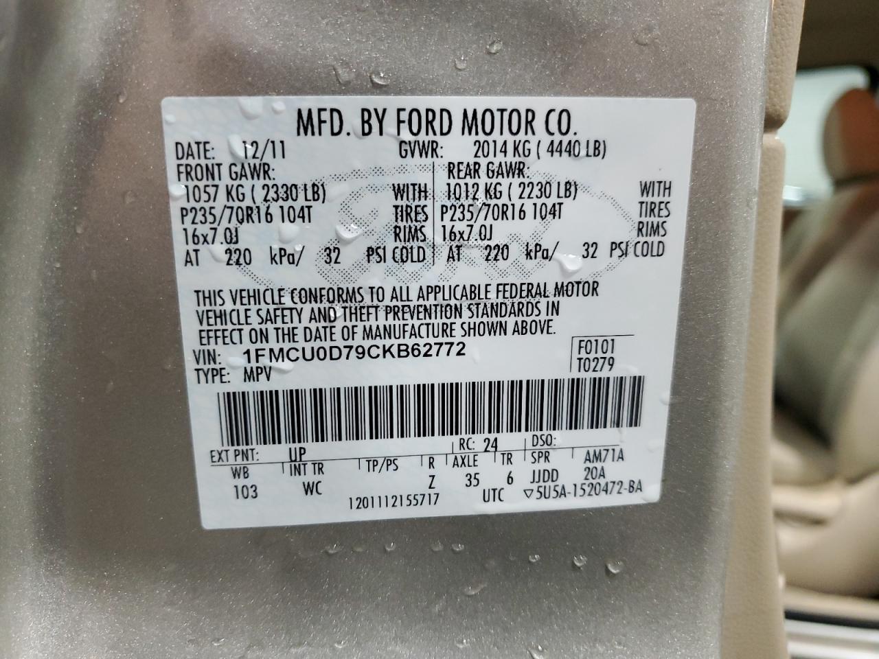 2012 Ford Escape Xlt VIN: 1FMCU0D79CKB62772 Lot: 86236665