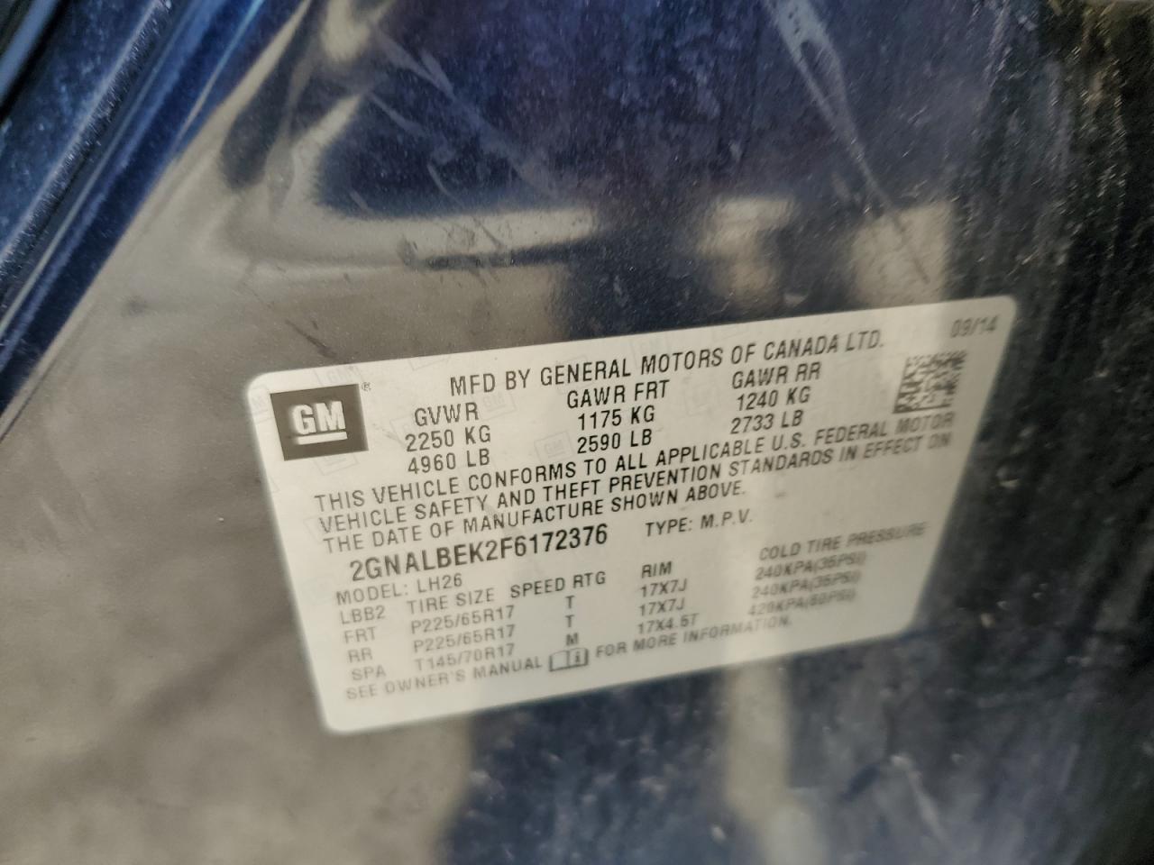 2015 Chevrolet Equinox Lt VIN: 2GNALBEK2F6172376 Lot: 84869795