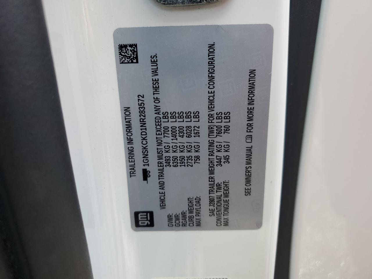 2022 Chevrolet Suburban K1500 Lt VIN: 1GNSKCKD1NR283572 Lot: 82703035