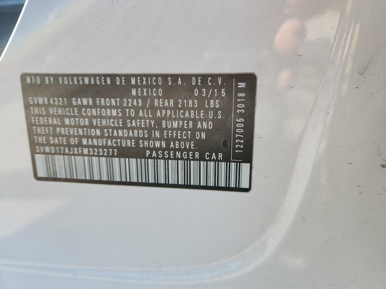 2015 Volkswagen Jetta Se VIN: 3VWD17AJXFM323277 Lot: 85490025