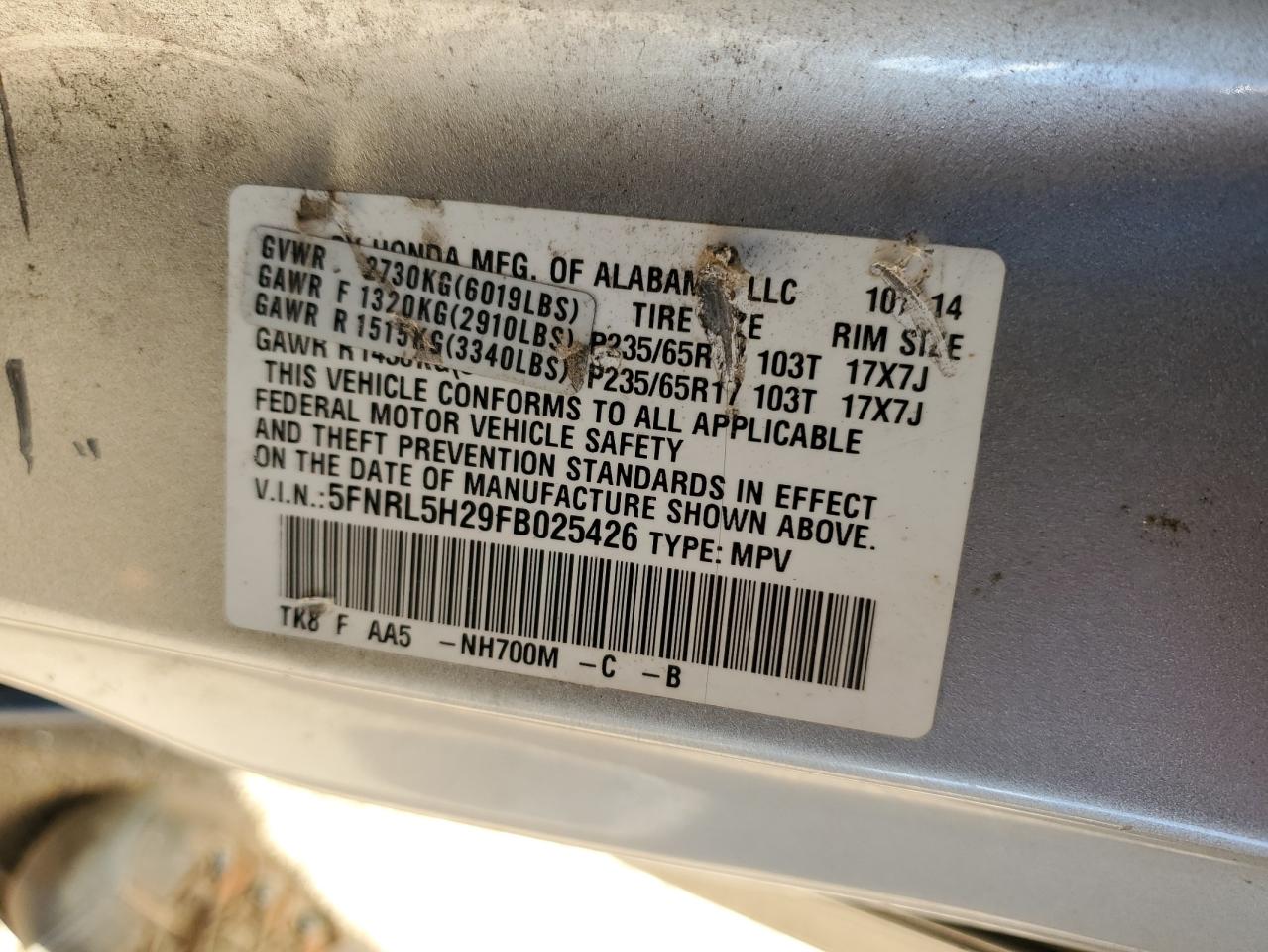 2015 Honda Odyssey Lx VIN: 5FNRL5H29FB025426 Lot: 85378915