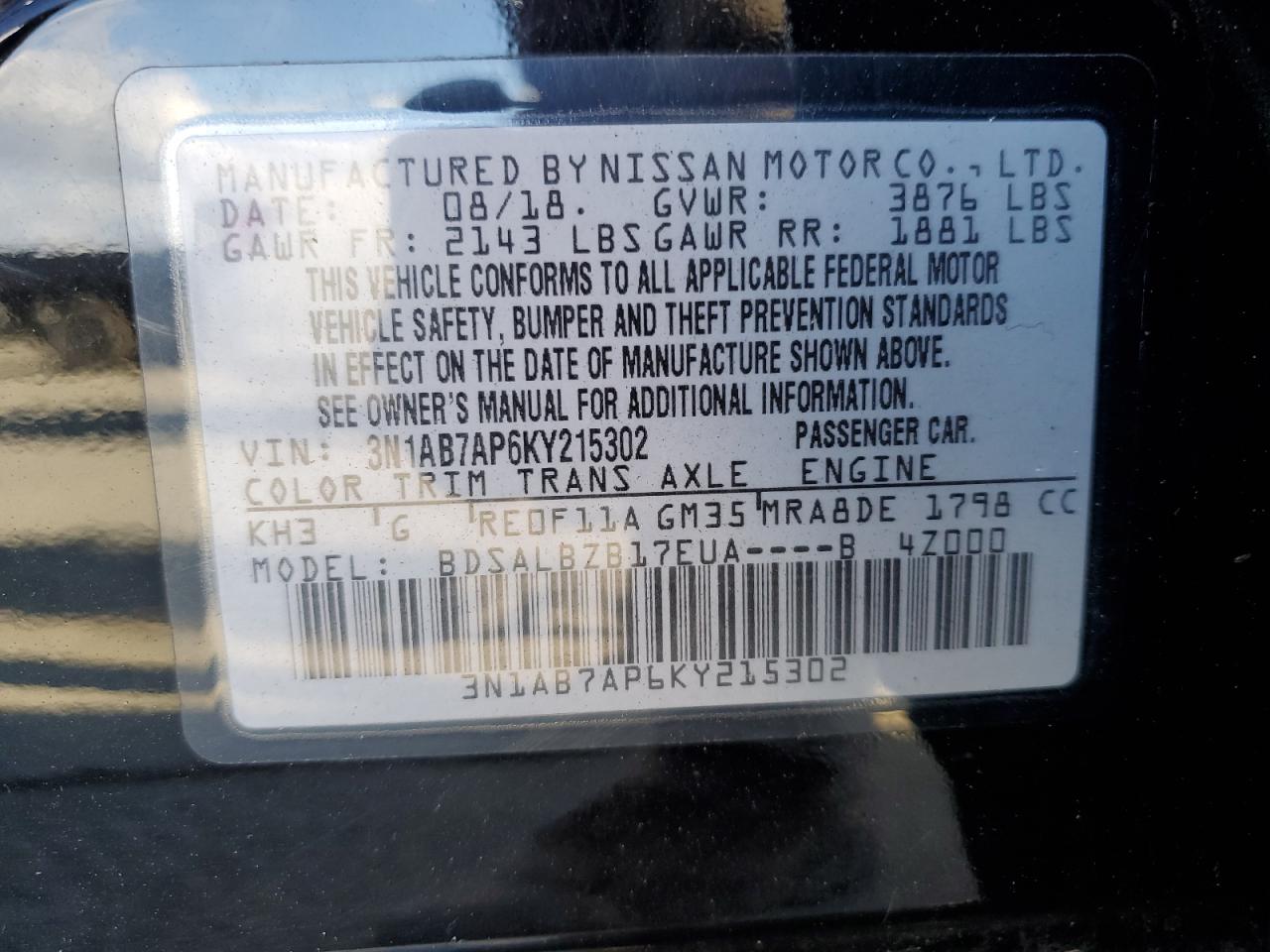 2019 Nissan Sentra S VIN: 3N1AB7AP6KY215302 Lot: 81974555