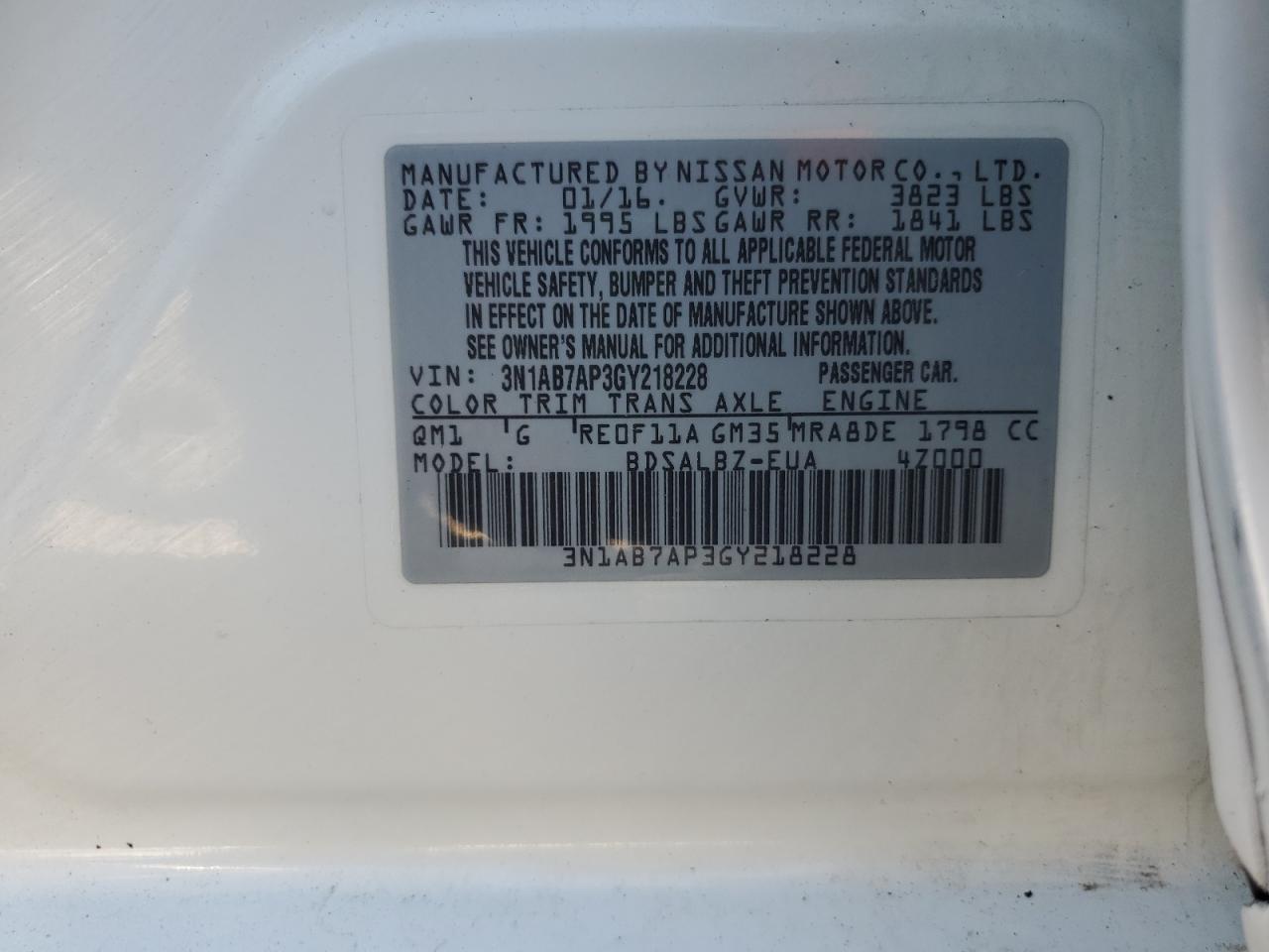 2016 Nissan Sentra S VIN: 3N1AB7AP3GY218228 Lot: 86713105