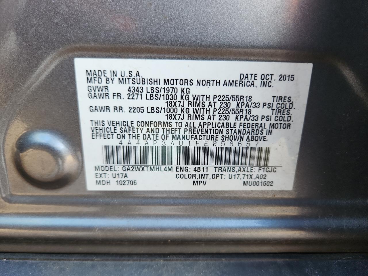 2015 Mitsubishi Outlander Sport Es VIN: 4A4AP3AU1FE058657 Lot: 87305015