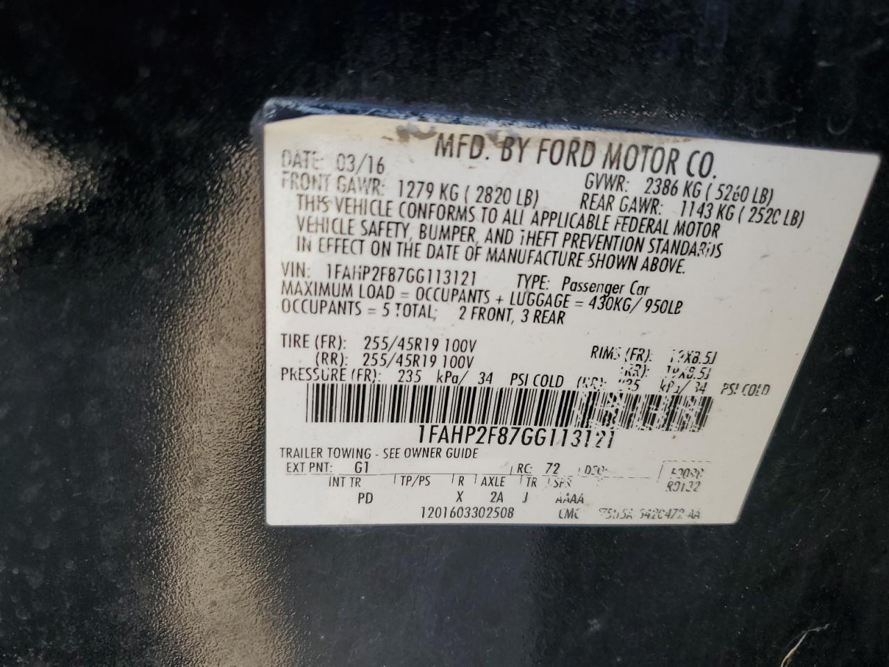 2016 Ford Taurus Limited VIN: 1FAHP2F87GG113121 Lot: 87298515