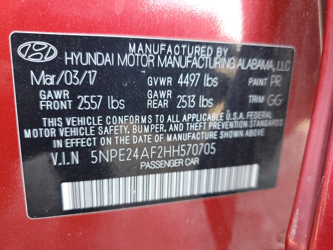 2017 Hyundai Sonata Se VIN: 5NPE24AF2HH570705 Lot: 84950025