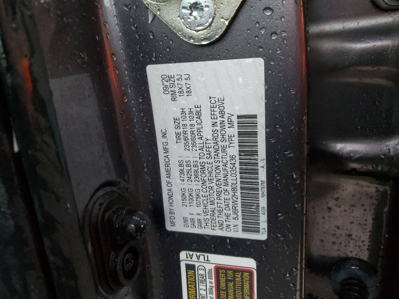 2020 Honda Cr-V Exl VIN: 5J6RW2H80LL035436 Lot: 89801815