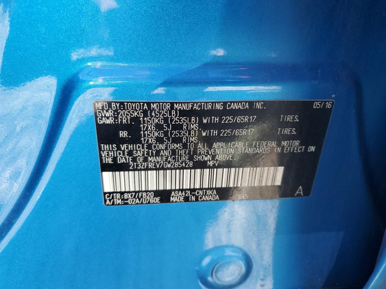 2016 Toyota Rav4 Le VIN: 2T3ZFREV7GW285428 Lot: 85856515