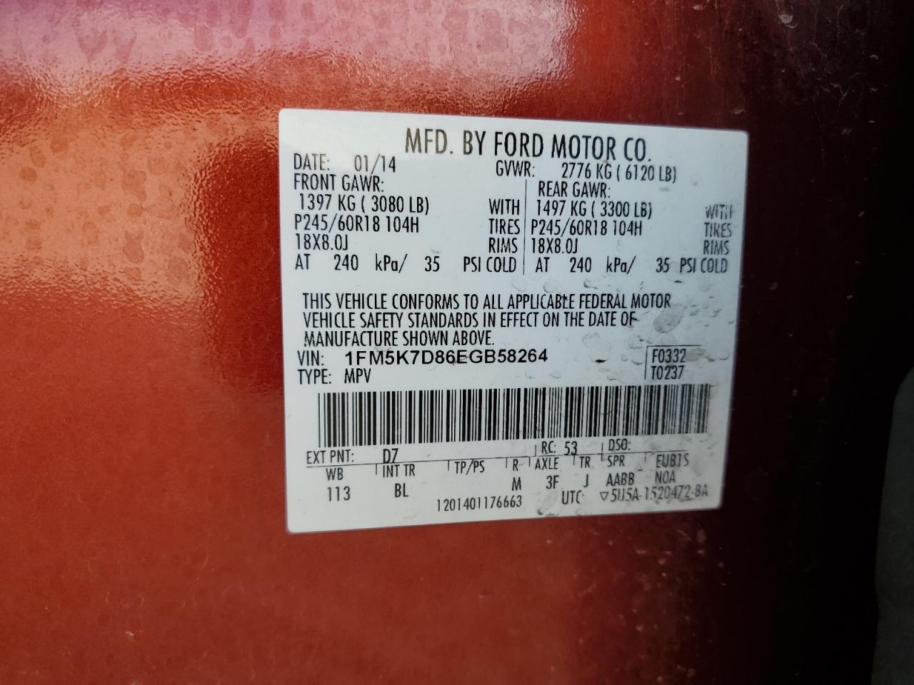 2014 Ford Explorer Xlt VIN: 1FM5K7D86EGB58264 Lot: 84729005