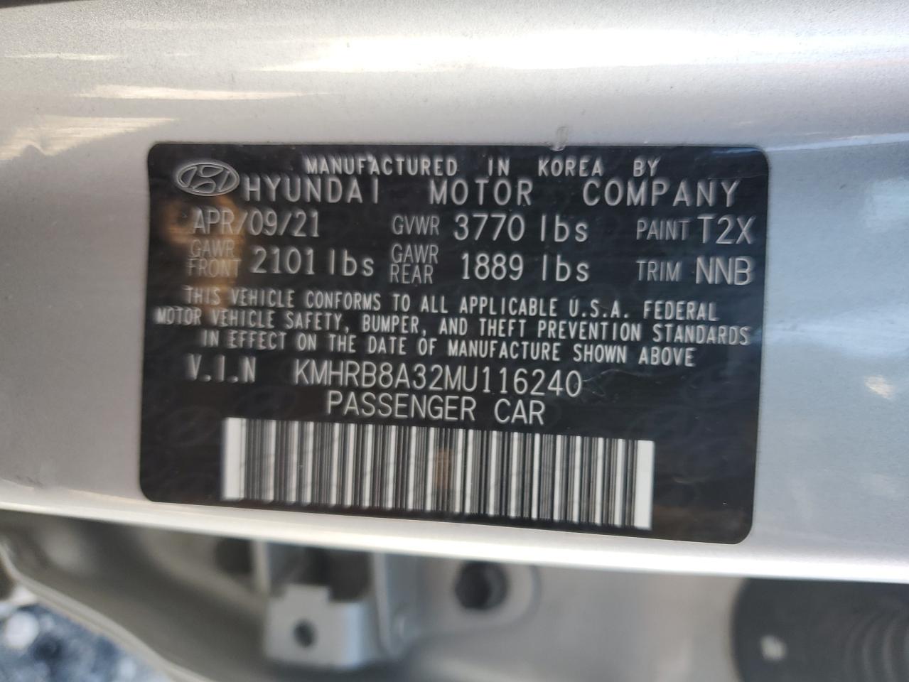 2021 Hyundai Venue Se VIN: KMHRB8A32MU116240 Lot: 87374685