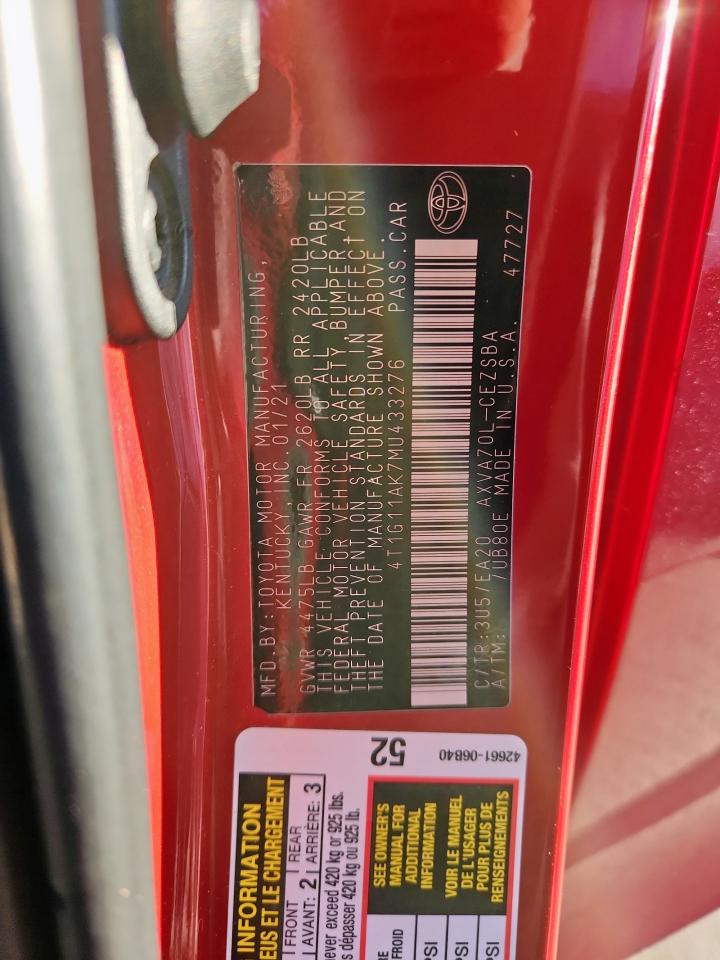 2021 Toyota Camry Se VIN: 4T1G11AK7MU433276 Lot: 90507335