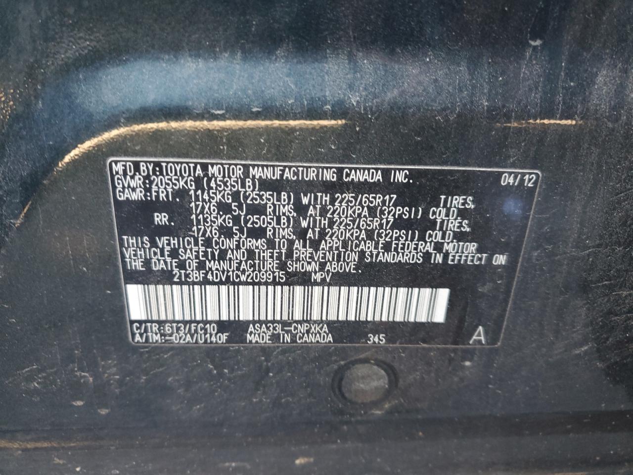 2012 Toyota Rav4 VIN: 2T3BF4DV1CW209915 Lot: 81774665