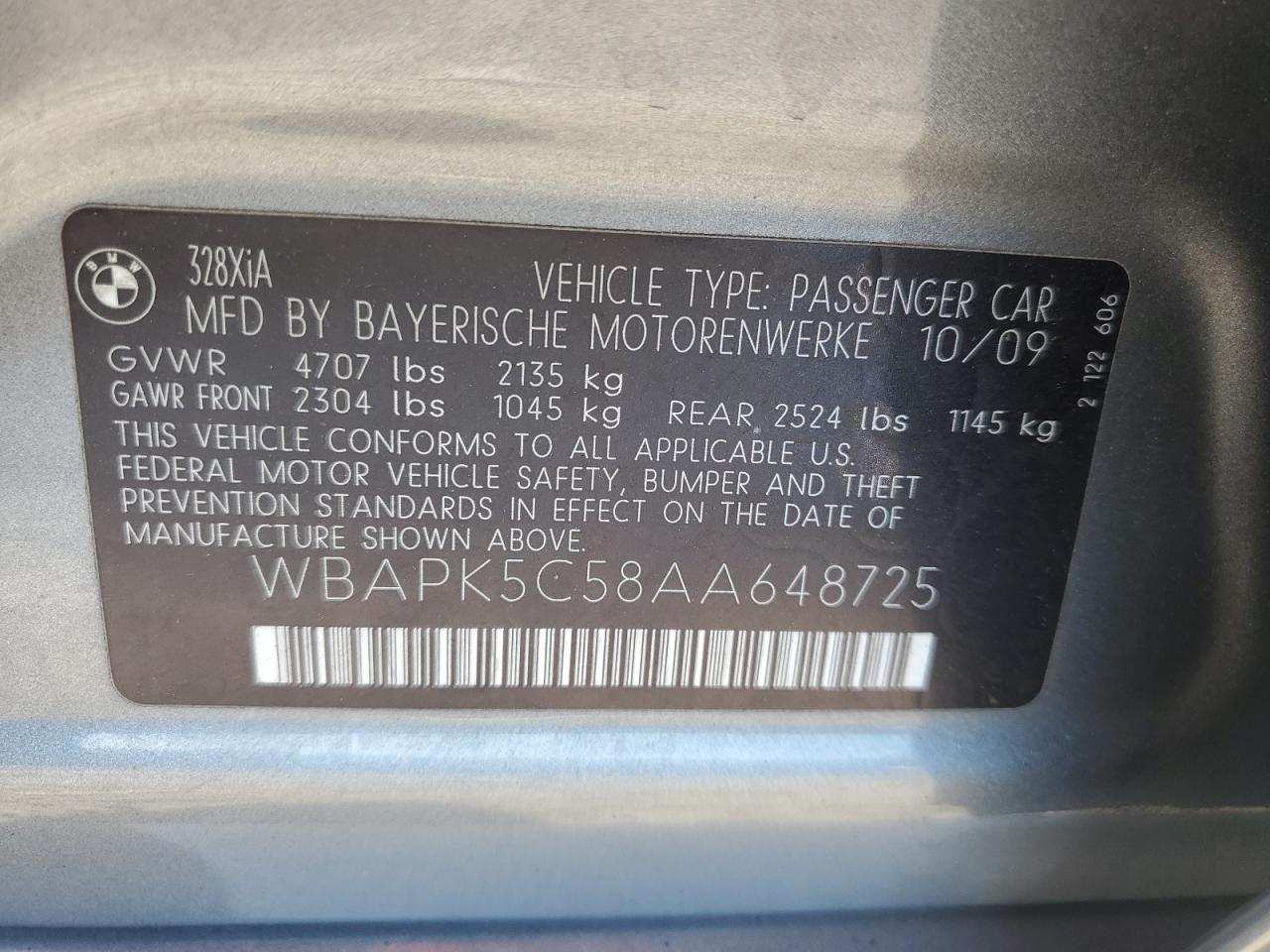 2010 BMW 328 Xi Sulev VIN: WBAPK5C58AA648725 Lot: 83775165