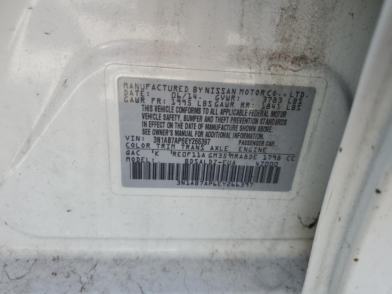 2014 Nissan Sentra S VIN: 3N1AB7AP6EY266397 Lot: 84915965