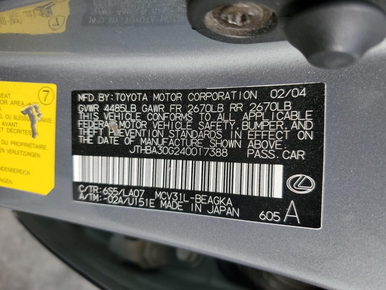 2004 Lexus Es 330 VIN: JTHBA30G240017388 Lot: 85356525