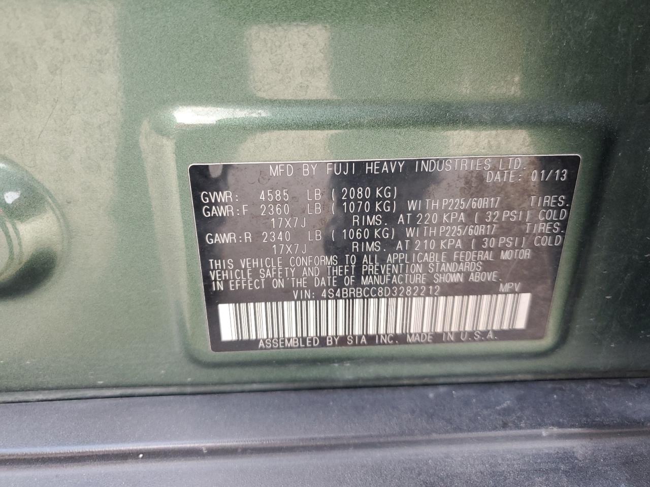 2013 Subaru Outback 2.5I Premium VIN: 4S4BRBCC8D3282212 Lot: 86215345