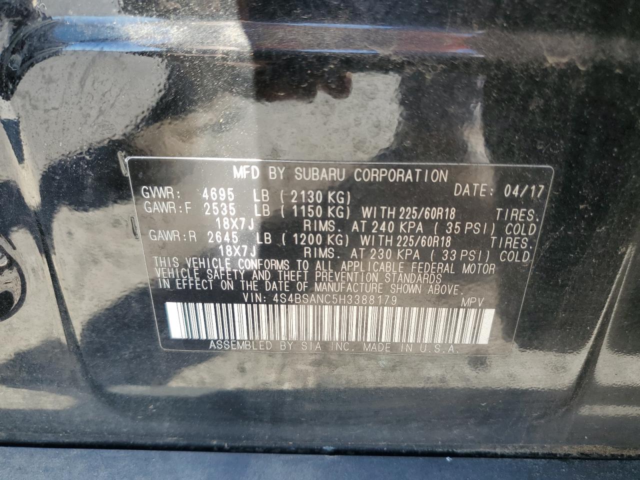 2017 Subaru Outback 2.5I Limited VIN: 4S4BSANC5H3388179 Lot: 86507865