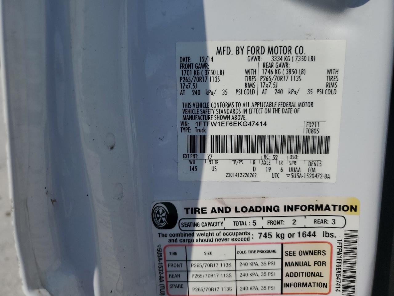 2014 Ford F150 Supercrew VIN: 1FTFW1EF6EKG47414 Lot: 84967795