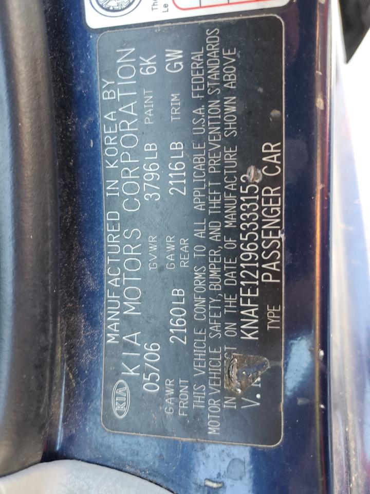 2006 Kia Spectra Lx VIN: KNAFE121965333152 Lot: 82353645