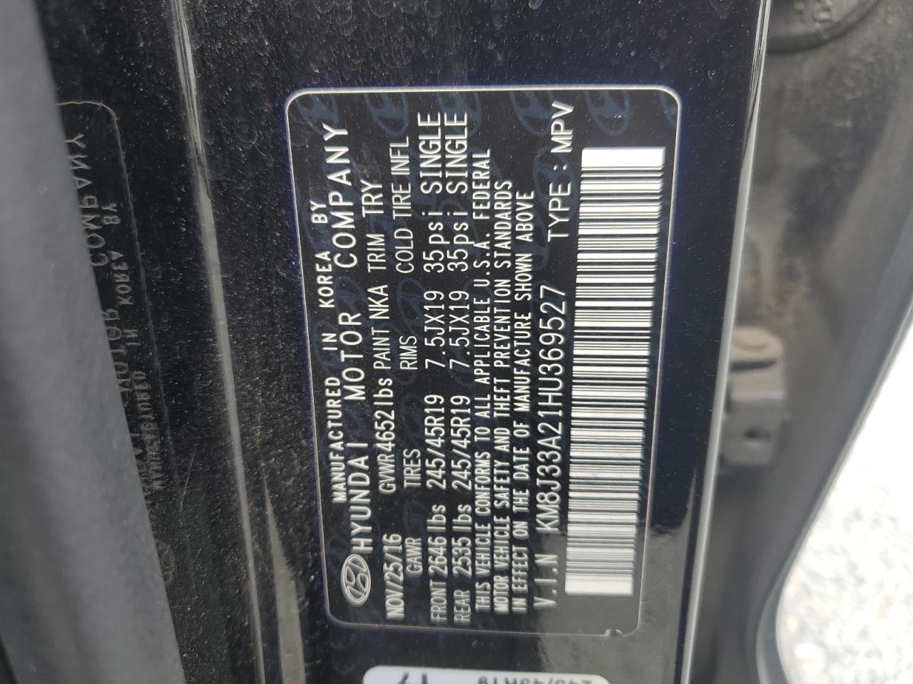 2017 Hyundai Tucson Limited VIN: KM8J33A21HU369527 Lot: 82338465