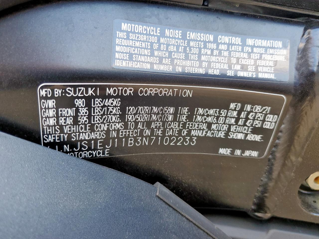 2022 Suzuki Gsx1300 Rr VIN: JS1EJ11B3N7102233 Lot: 90494125