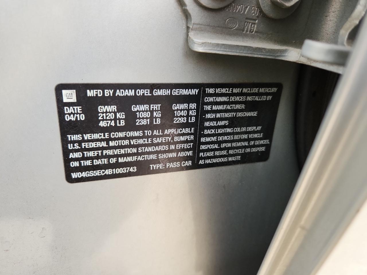 2011 Buick Regal Cxl VIN: W04GS5EC4B1003743 Lot: 89548775