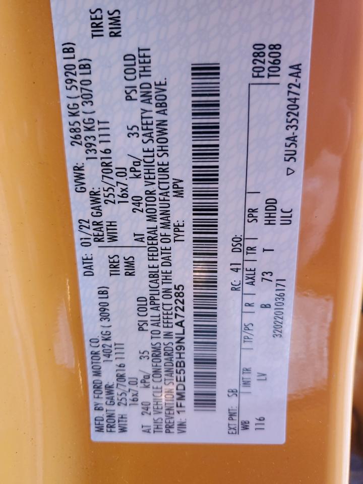 2022 Ford Bronco Base VIN: 1FMDE5BH9NLA72285 Lot: 90038225