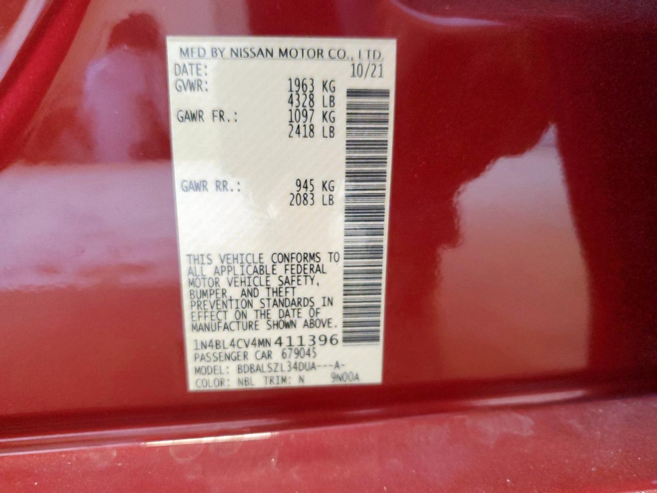 2021 Nissan Altima Sr VIN: 1N4BL4CV4MN411396 Lot: 85200745