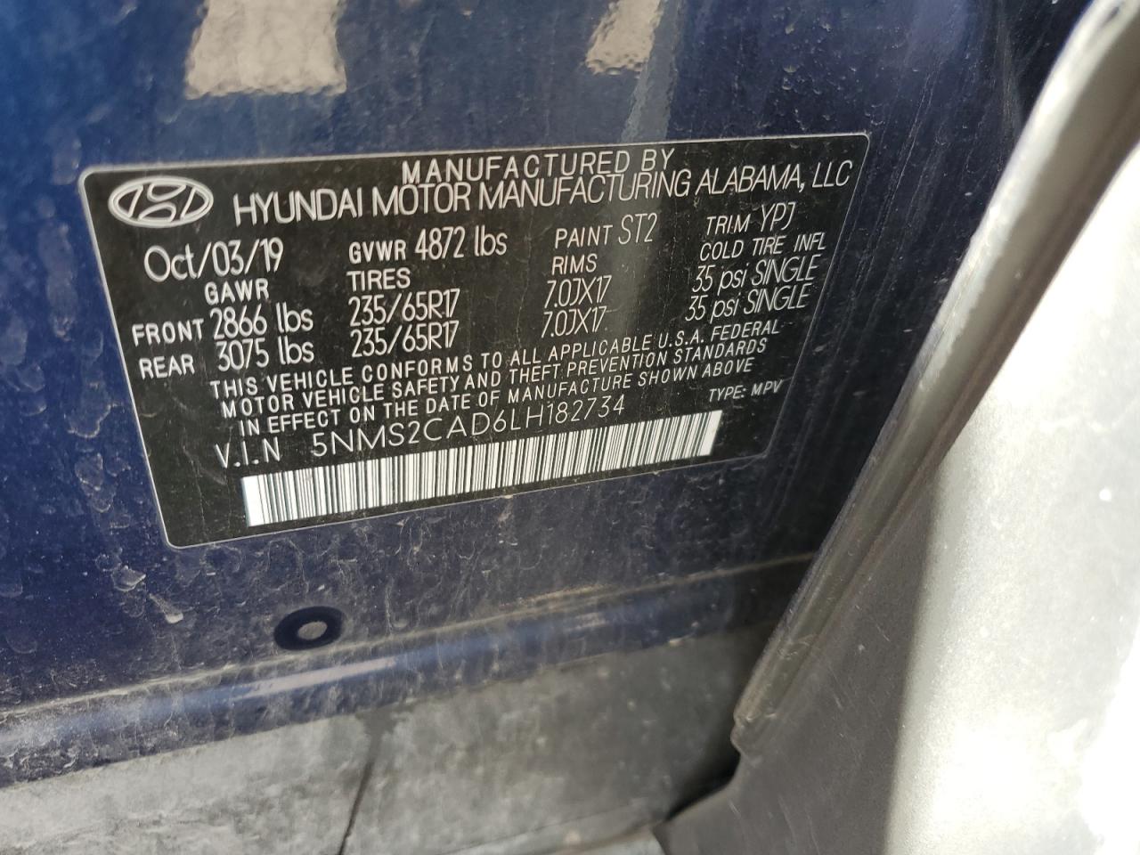 2020 Hyundai Santa Fe Se VIN: 5NMS2CAD6LH182734 Lot: 85281405