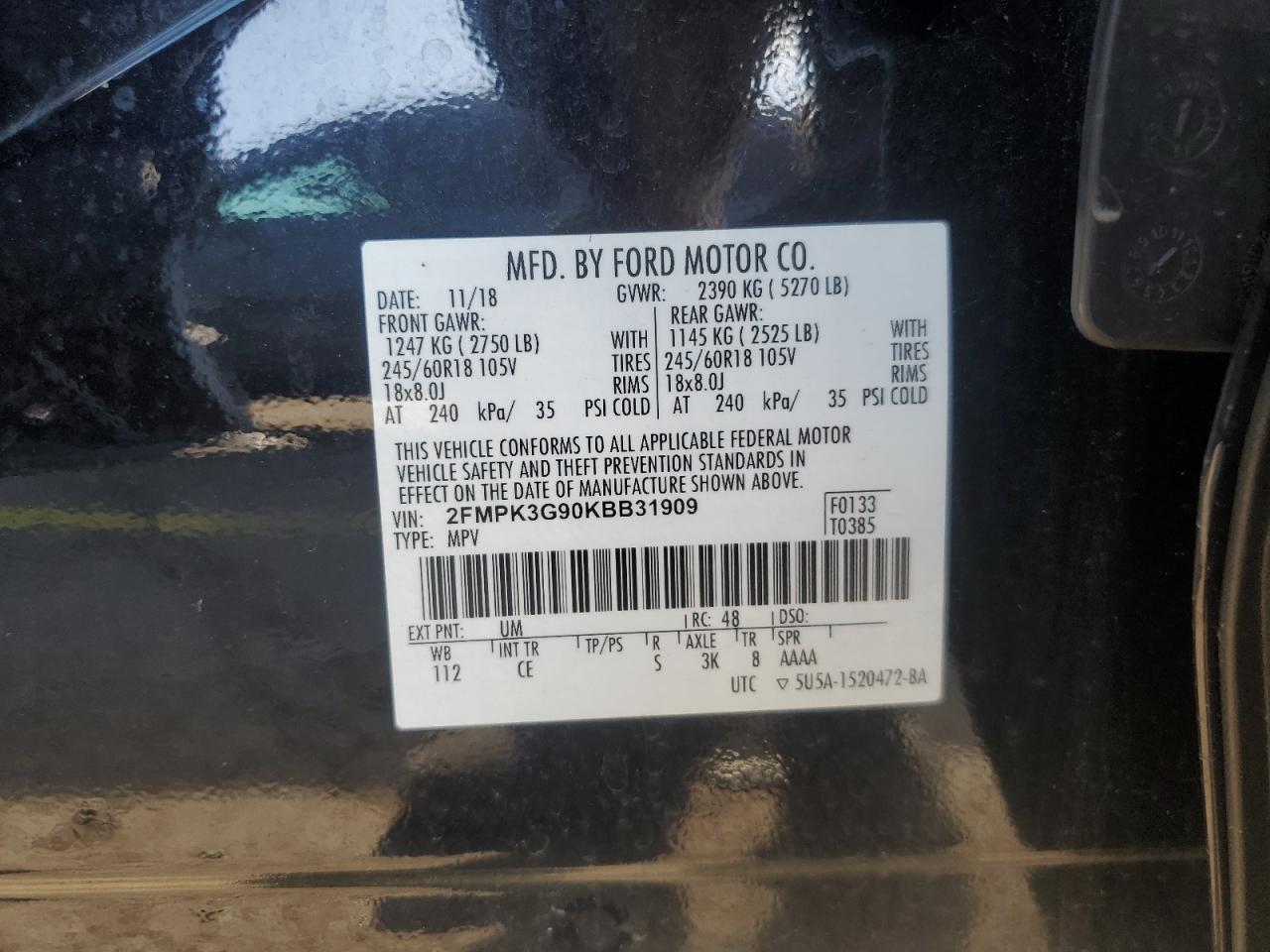 2019 Ford Edge Se VIN: 2FMPK3G90KBB31909 Lot: 85535195