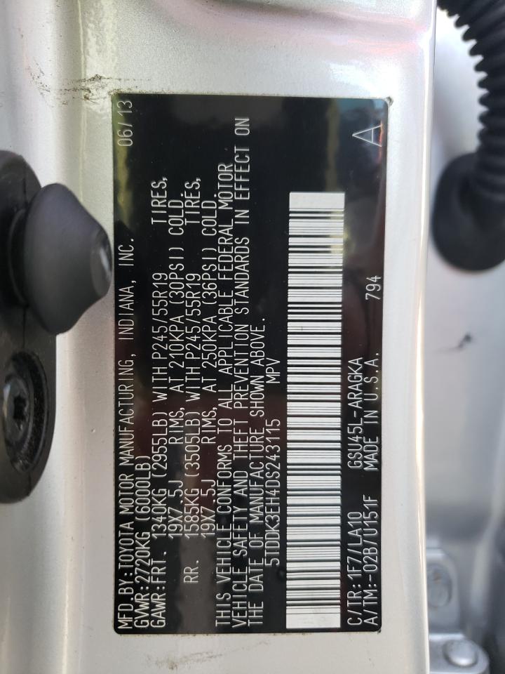 2013 Toyota Highlander Limited VIN: 5TDDK3EH4DS243115 Lot: 85343035