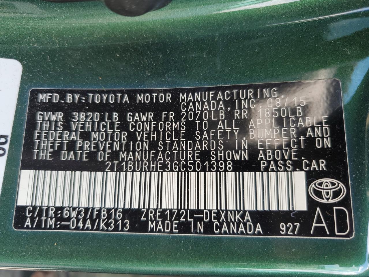 2016 Toyota Corolla L VIN: 2T1BURHE3GC501398 Lot: 84728805