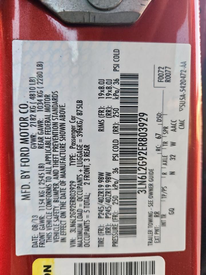 2014 Lincoln Mkz VIN: 3LN6L2G92ER803929 Lot: 85584085