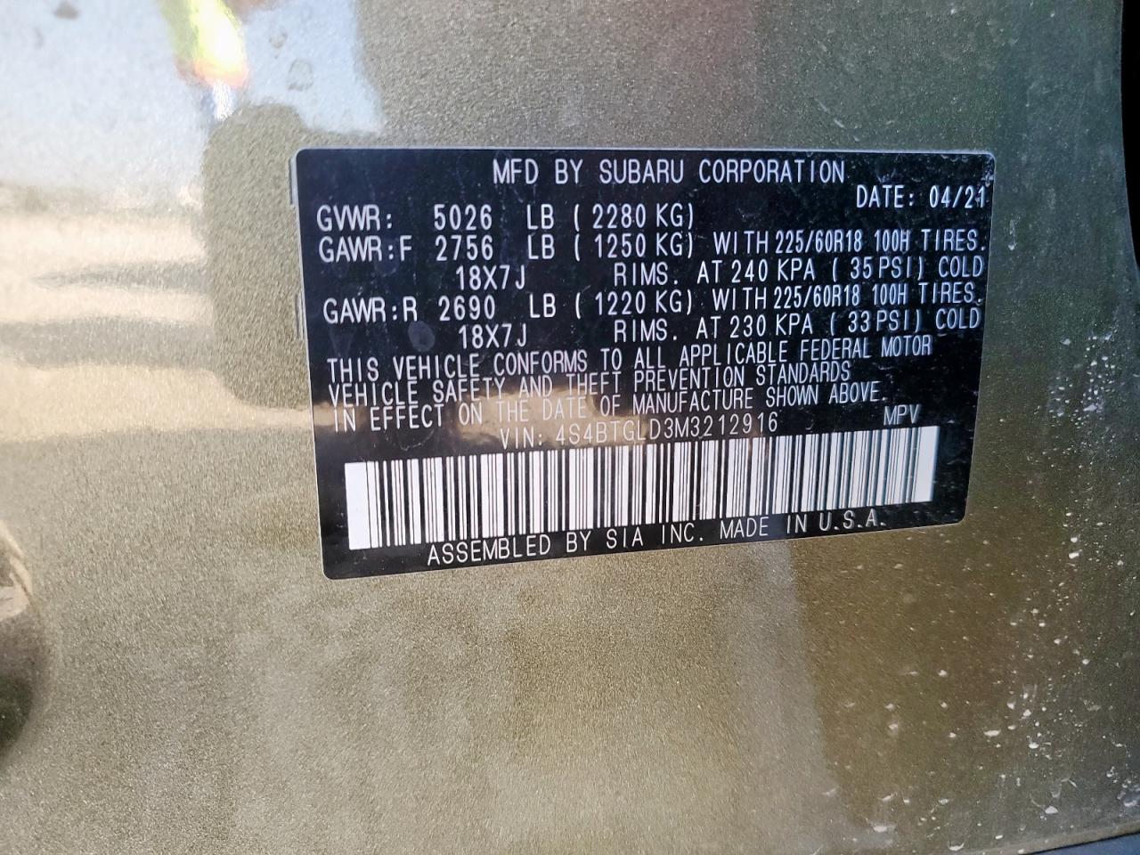 2021 Subaru Outback Onyx Edition Xt VIN: 4S4BTGLD3M3212916 Lot: 82402795