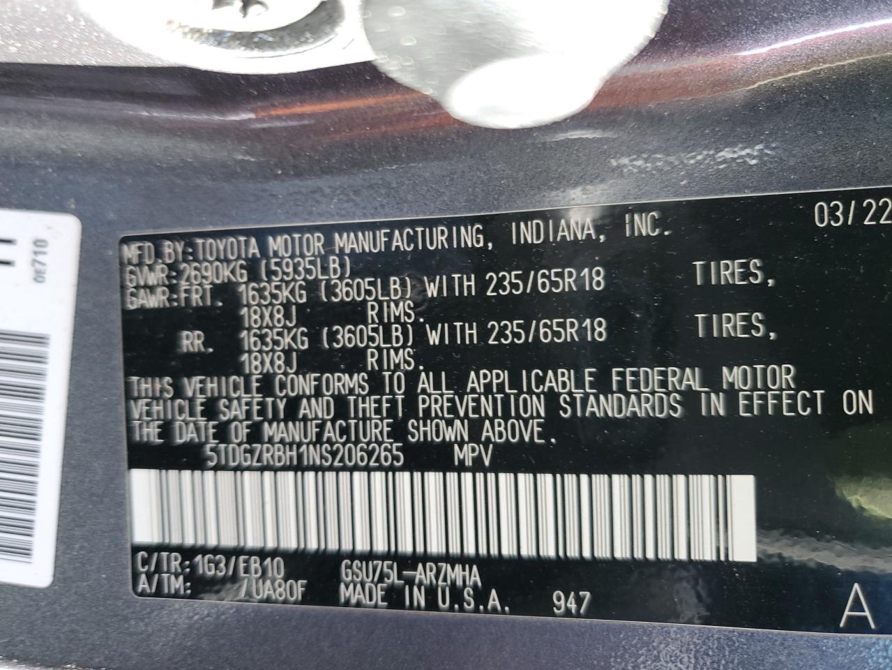 2022 Toyota Highlander Xle VIN: 5TDGZRBH1NS206265 Lot: 90293325